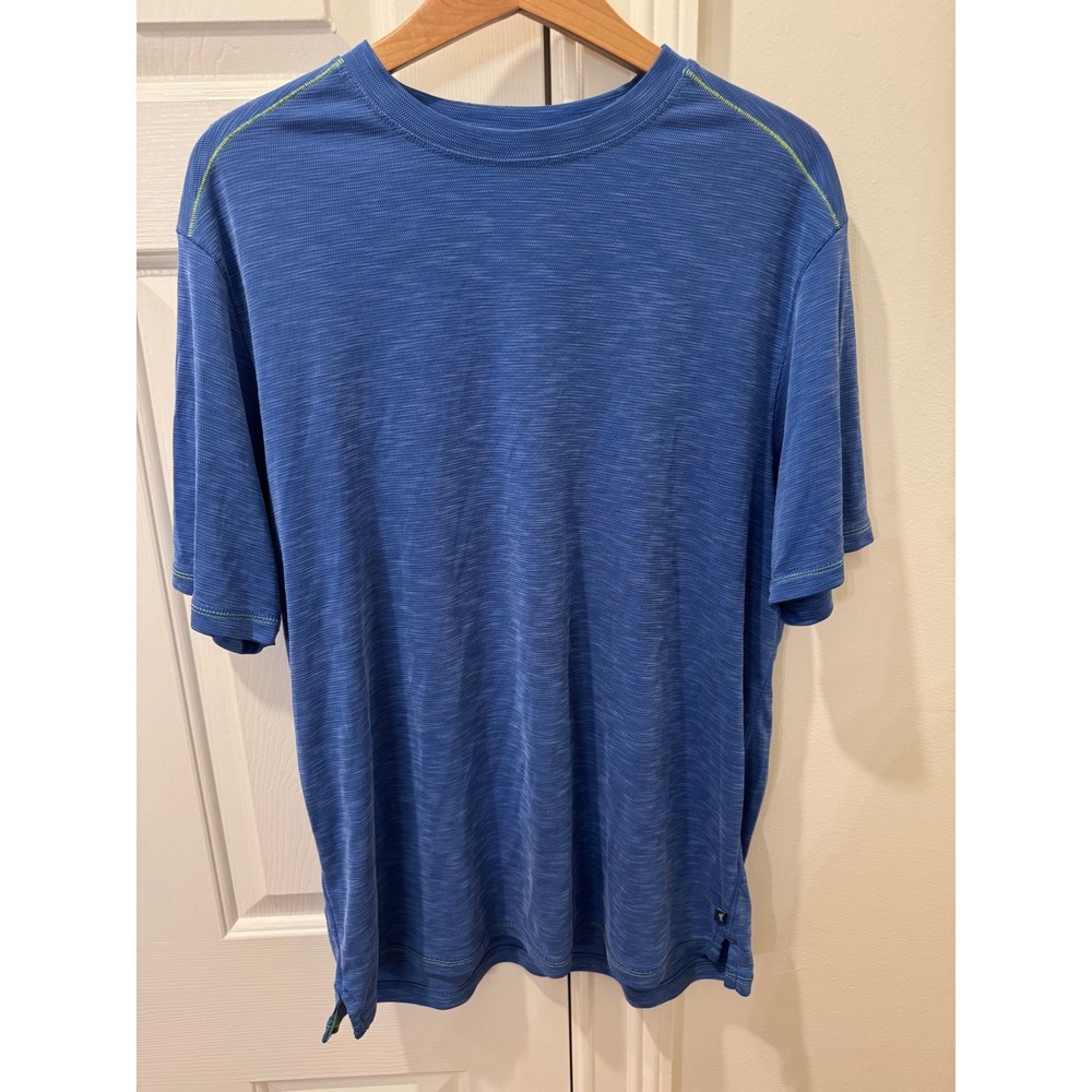 Tommy Bahama Mens Blue Space Dye T-Shirt Short Sleeve Lime Green Stitching M